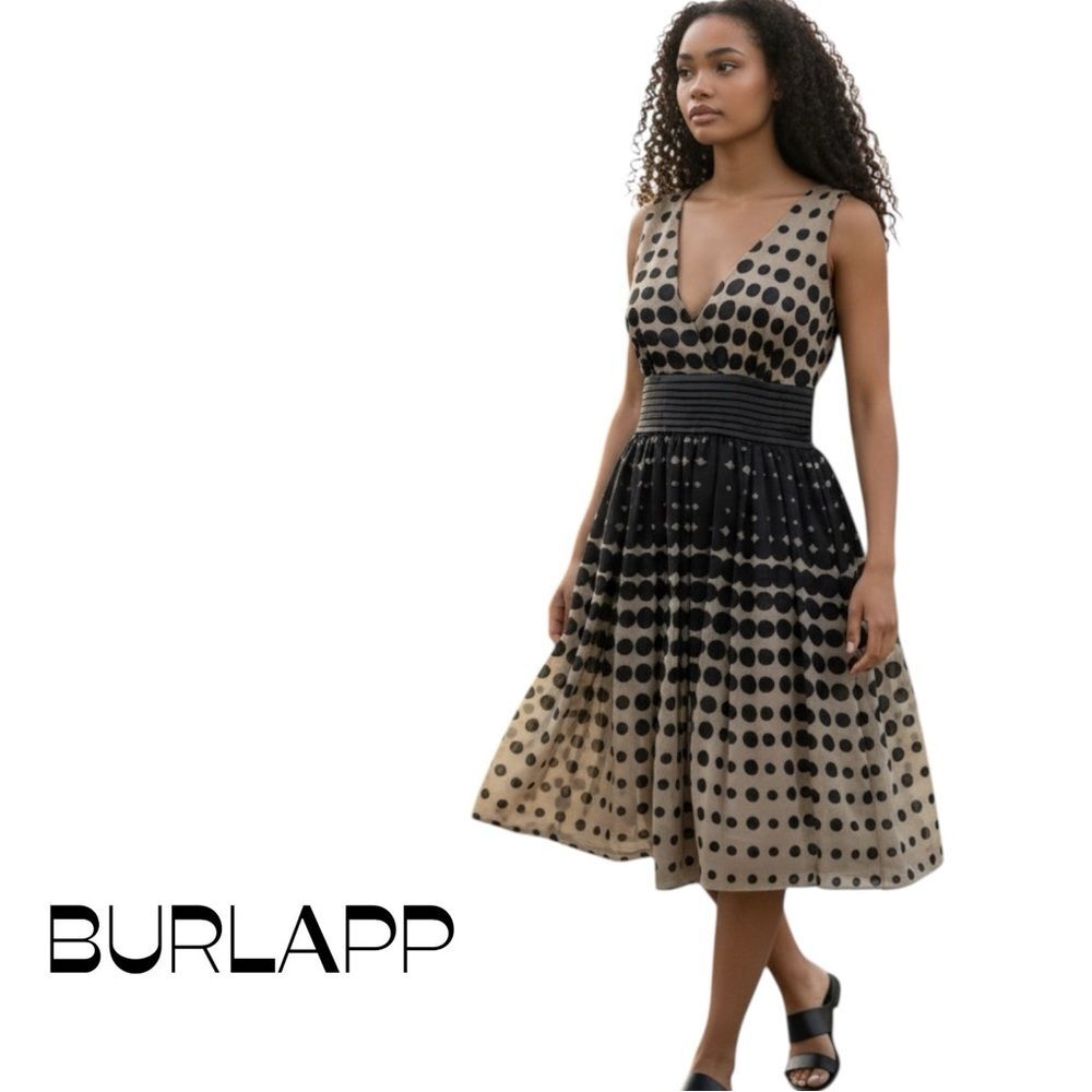 Anthropologie Burlapp Black Tan Sleeveless Polka Dot Dress NWOT Size 6